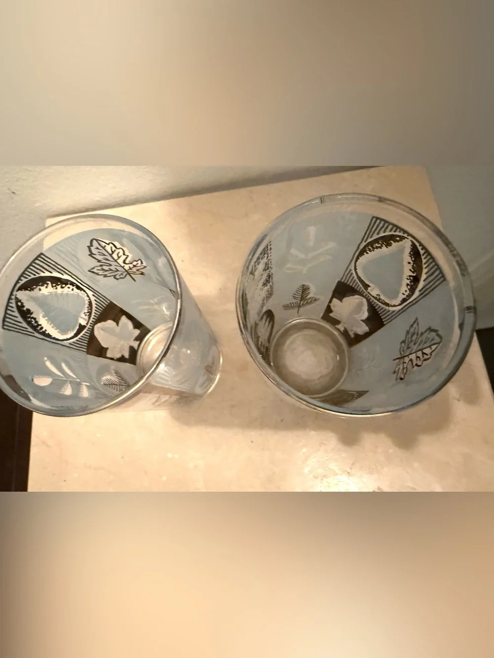 2 MCM Libbey Riviera Highball, Blue Frosted Silver Leaf Foliage Cocktail glasses